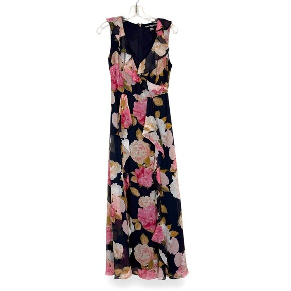 Karl Lagerfeld Paris Maxi Dress Blue Floral Print Spring Chiffon 2 - Picture 1 of 13
